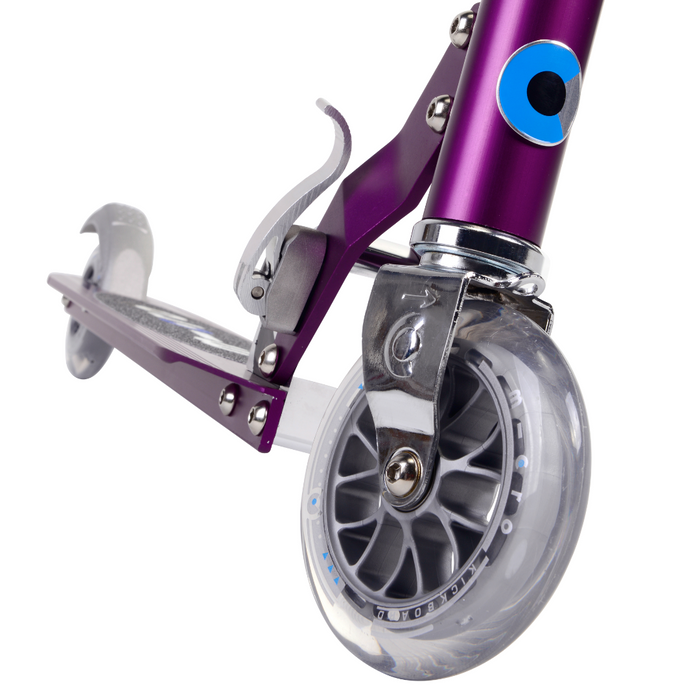 Close up of wheel on Micro Sprite Kids Scooter in Purple