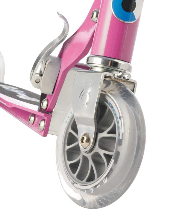 Close up of wheel on Micro Sprite Kids Scooter in Pink