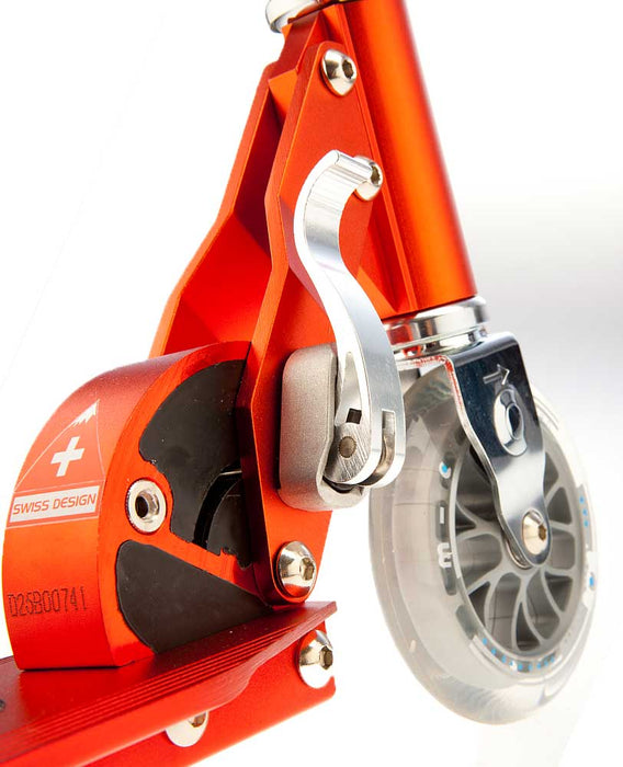 Close up of wheel on Micro Sprite Kids Scooter in Red