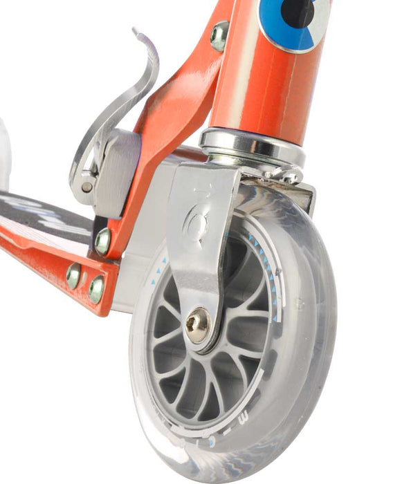 Close up of wheel on Micro Sprite Kids Scooter in Red