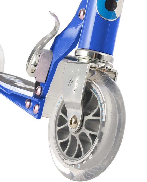 Close up of wheel on Micro Sprite Kids Scooter in Blue